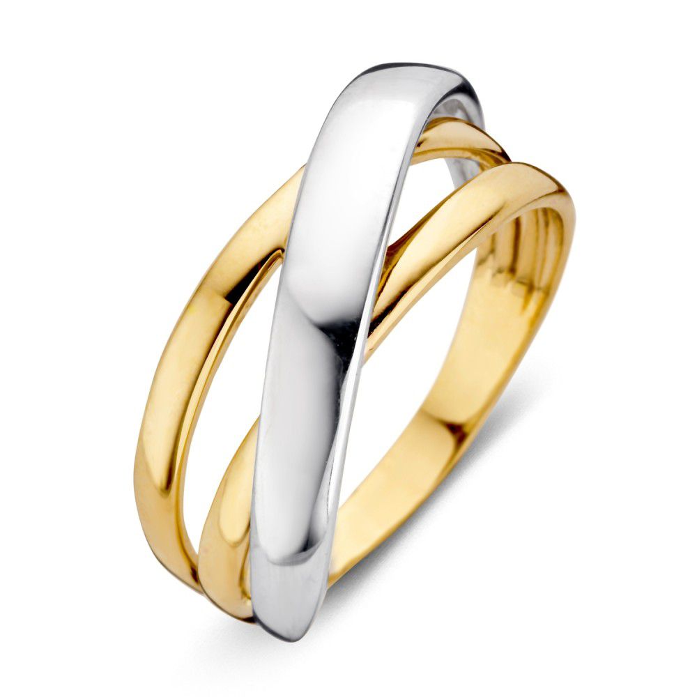 Bicolor damesring van 14 karaat met een glanzende gouden en zilveren afwerking in een moderne, overlappende vorm.
