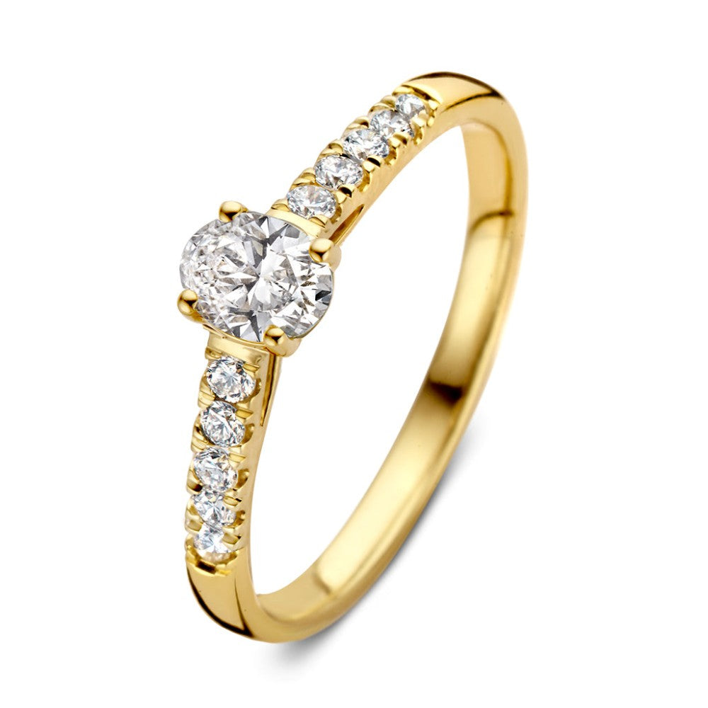 Gouden ring met een ronde diamant van 0,48 crt en zeven kleine diamanten aan elke zijde.