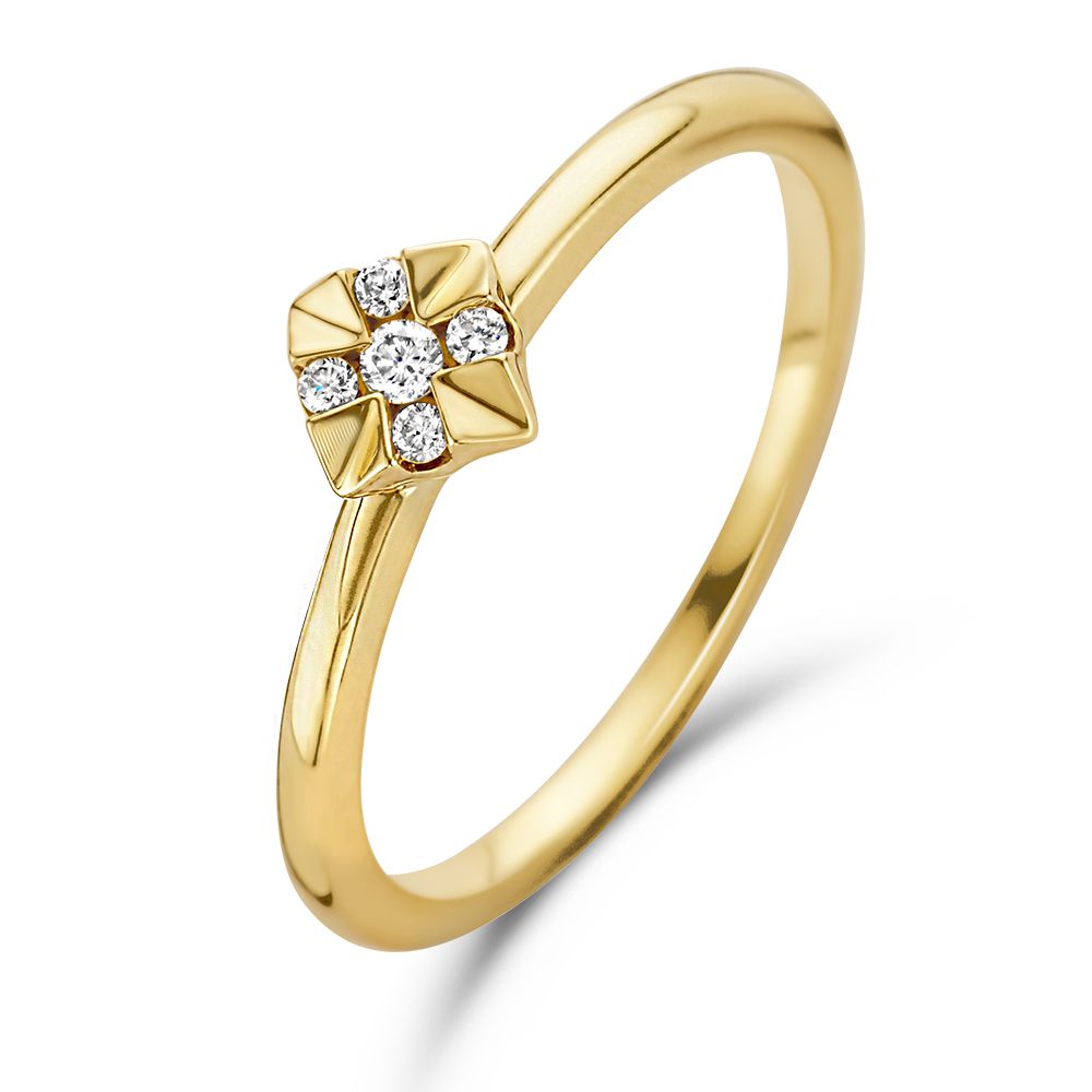 Geelgouden ring met een bloemvormige zetting en vijf briljanten van 0,05 crt.
