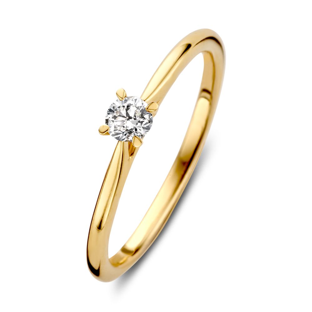 De Tijdloze Geelgouden Solitair Ring met 0,17 crt briljant diamant van Excellent Jewelry heeft een eenvoudige band en een vierpoots zetting, elegant getoond op een witte achtergrond.