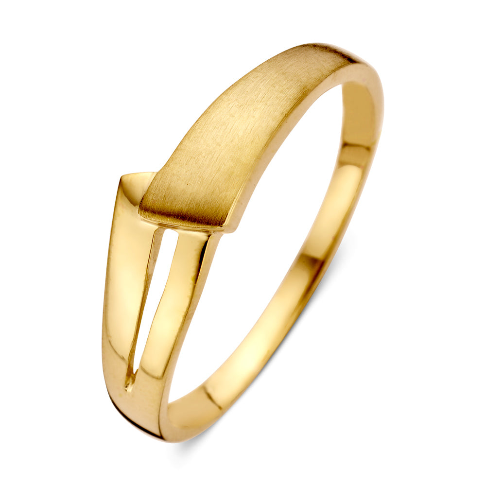 Geelgouden ring met strak design en matte afwerking, gemaakt van 14 karaat goud.