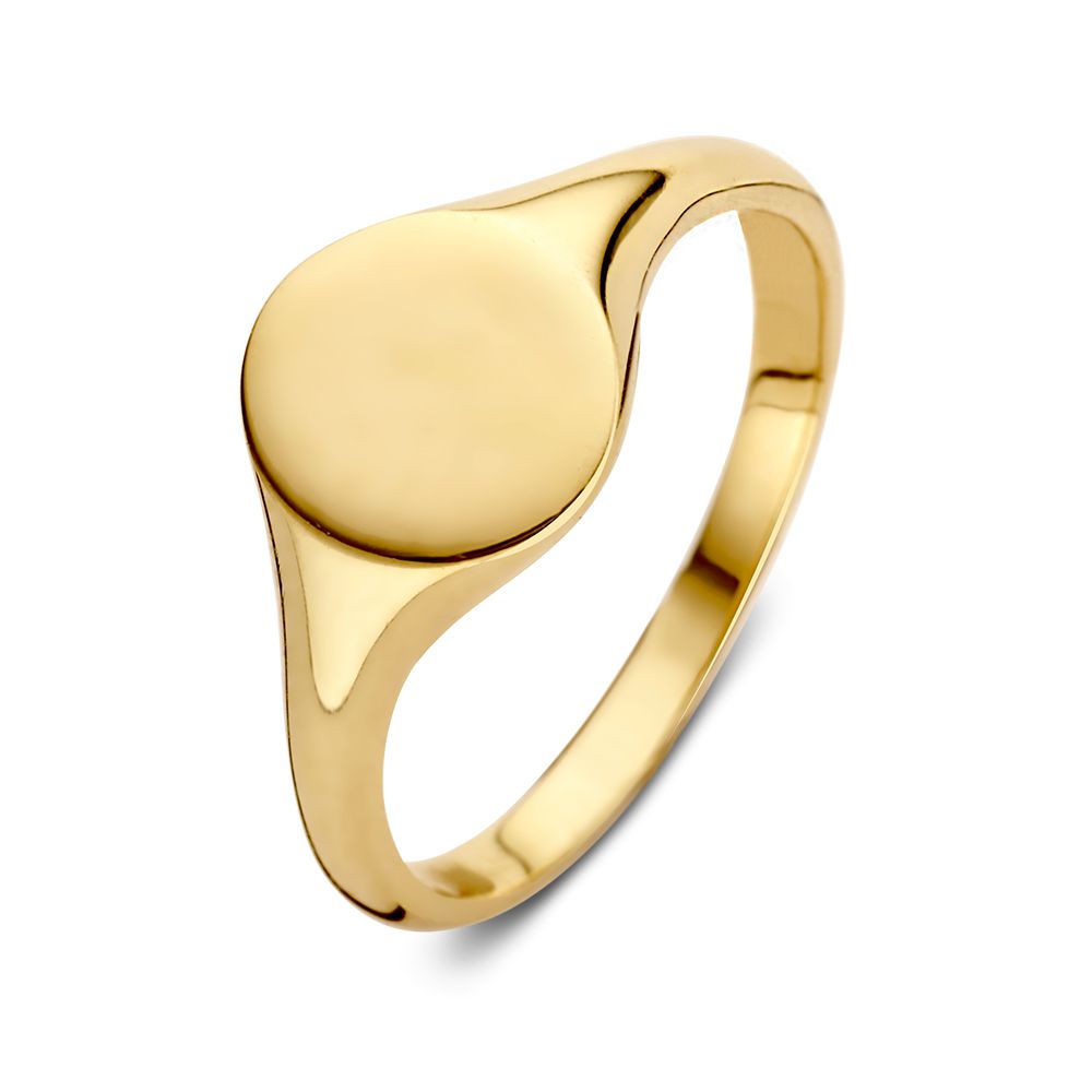 De Elegant Geelgouden Damesring in 14 karaat goud van Excellent Jewelry heeft een tijdloos ontwerp met een gladde, ronde signet bovenkant en gepolijste afwerking, stijlvol gepresenteerd op een witte achtergrond.