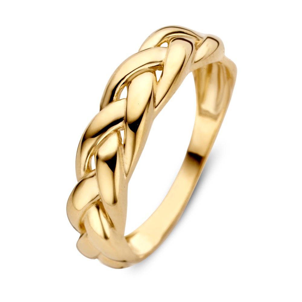 Geelgouden gevlochten schakelring met een tijdloos design en een glanzende afwerking.