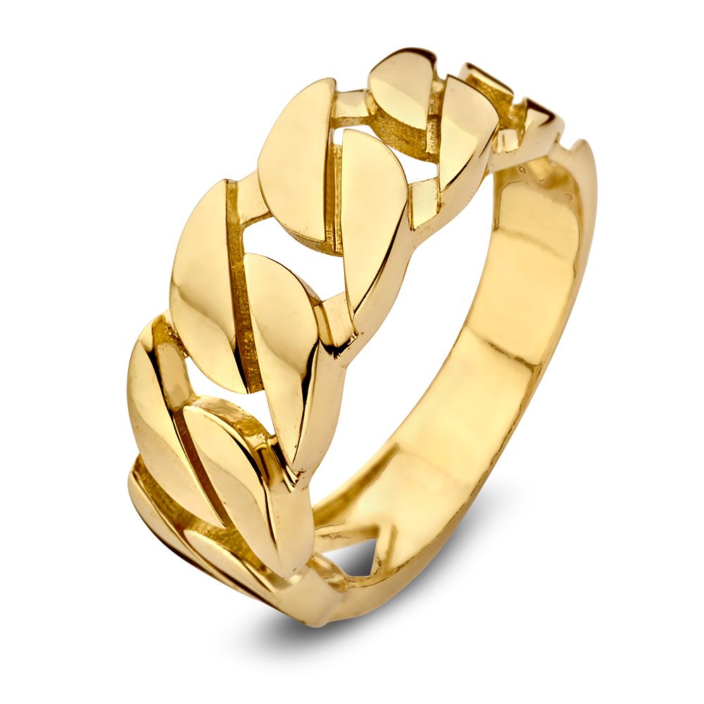 Geelgouden ring met gourmetschakel, 14 karaat goud, met een glanzende afwerking en een modern ontwerp.