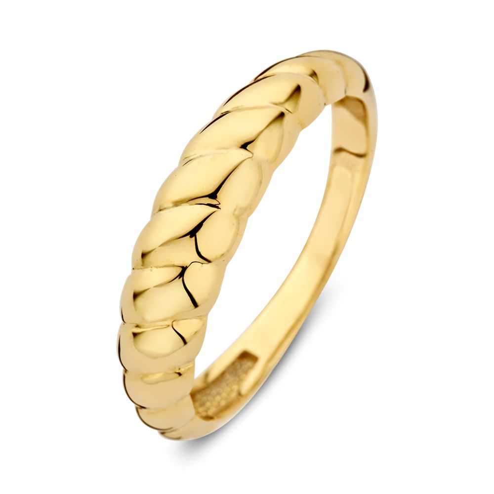 Geelgouden croissant ring van 14 karaat goud met een gevlochten ontwerp.