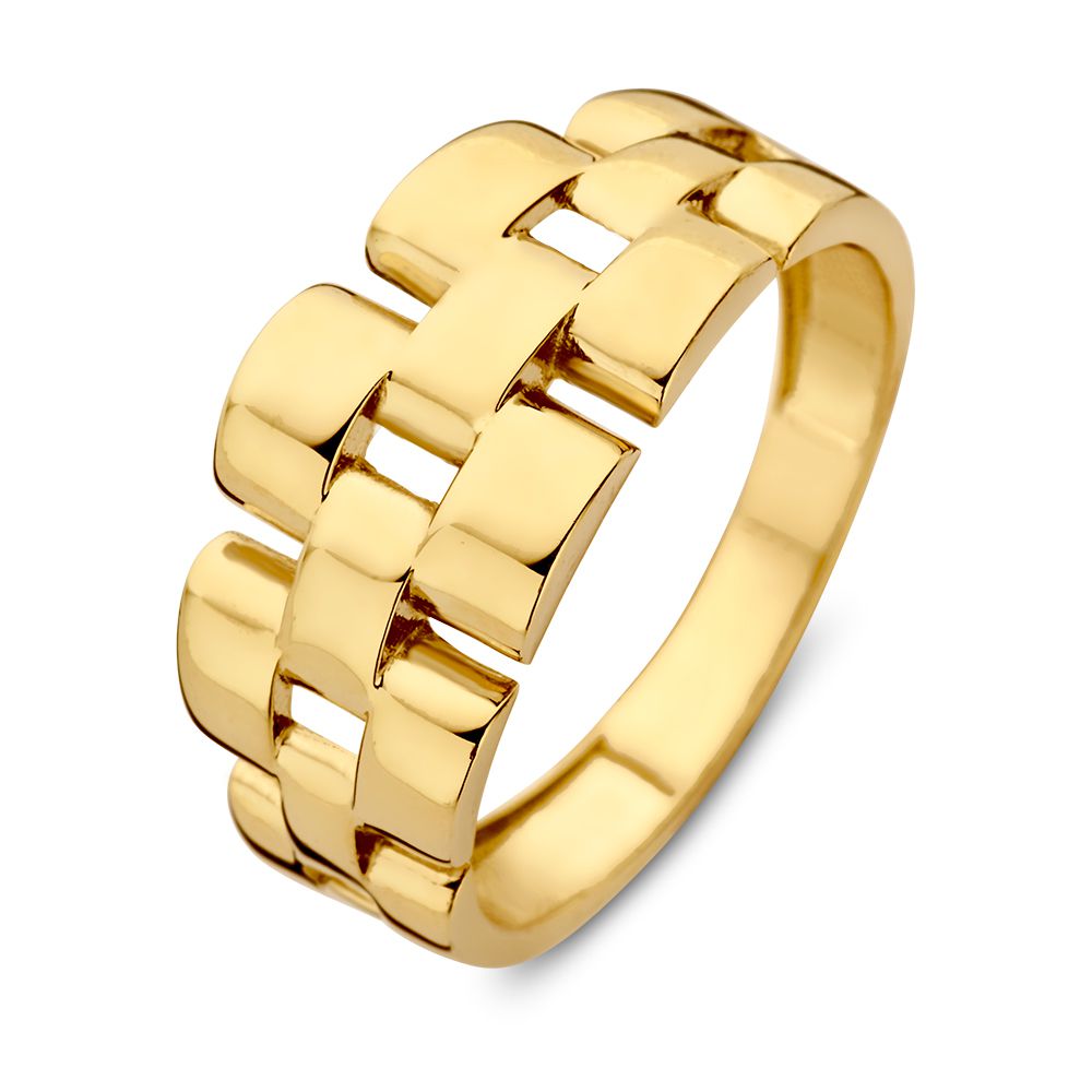 Geelgouden ring met Rolexschakel, uitgevoerd in 14 karaat goud met een glanzende afwerking.