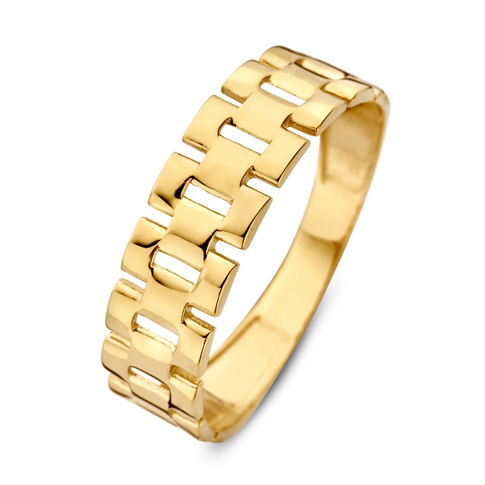 De Excellent Jewelry Geelgouden Ring met Rolexschakel - 14 Karaat Goud van Van der Kooij, met geometrische rechthoekige schakels, wordt gepresenteerd op een witte achtergrond.
