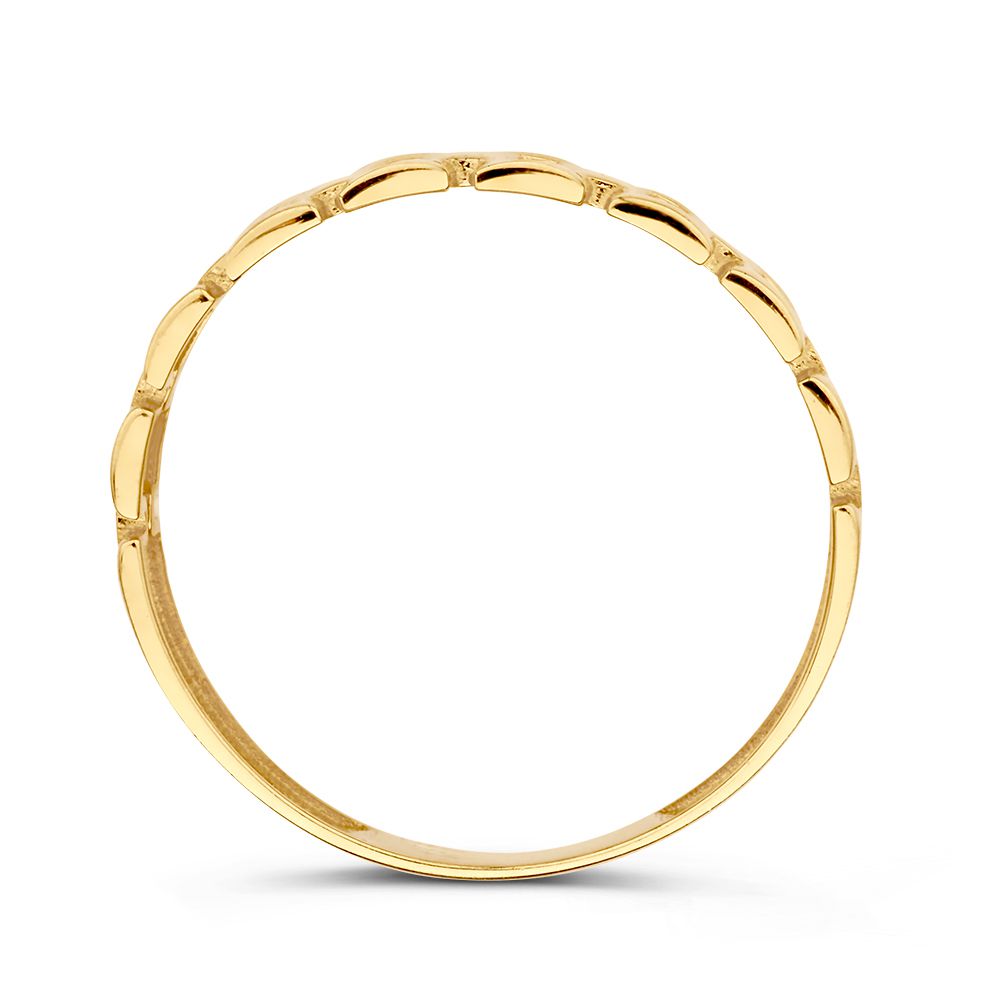 Een Geelgouden Ring met Rolexschakel in 14 karaat goud, uit de Van der Kooij lijn van Excellent Jewelry, heeft een gladde afwerking met verhoogde ovale patronen tegen een witte achtergrond.