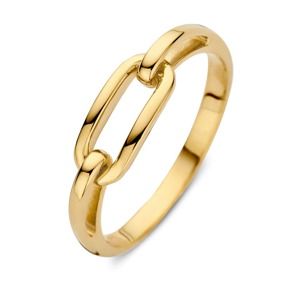 Geelgouden ring met verbonden schakels en een glanzende afwerking.