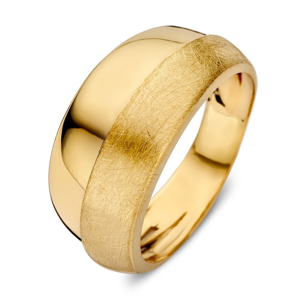 Gouden statement ring van 14 karaat, geelgoud met gematteerd en gepolijst design, 10 mm breed, zonder edelstenen.