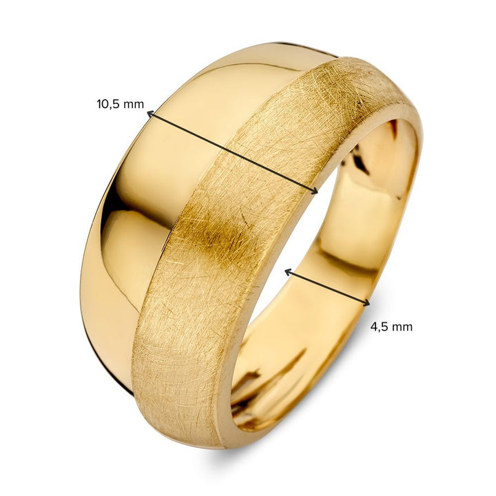 Gouden Statement Ring 14 Karaat – Geelgoud met Gematteerd en Gepolijst Design, 10 mm Breed, Zonder Edelstenen