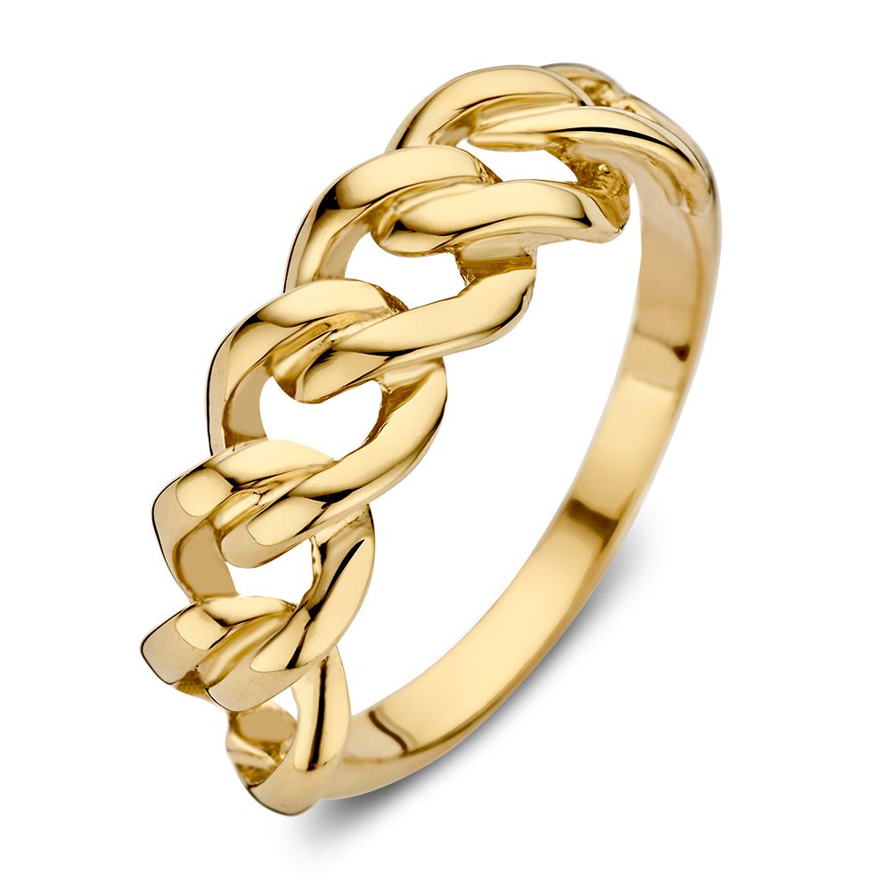 Geelgouden schakelring met bolle gourmet schakels in een elegante schakelstijl.