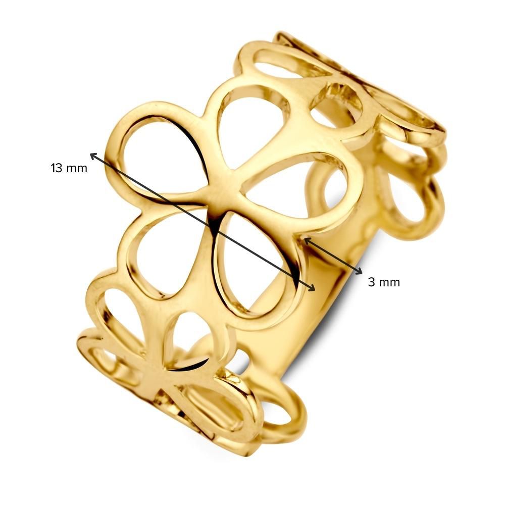 De Geelgouden Damesring met Opengewerkt Bloemenpatroon van Excellent Jewelry is gemaakt van 14 karaat goud, meet 13 mm breed (klaver) en 3 mm dik (band), en heeft een glanzende, verfijnde afwerking.
