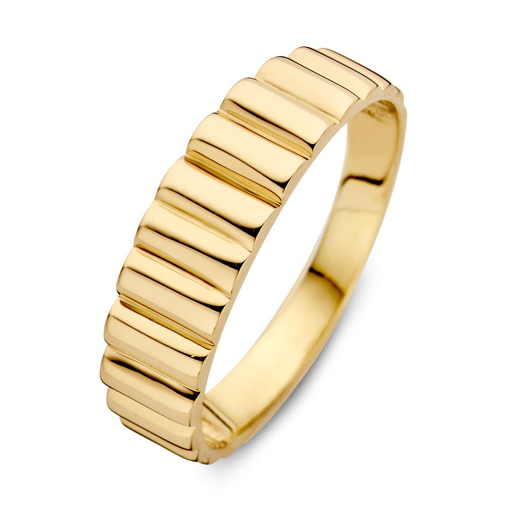 Geelgouden ring met strak ribbelpatroon, 14kt goud, 5.2 mm breed.