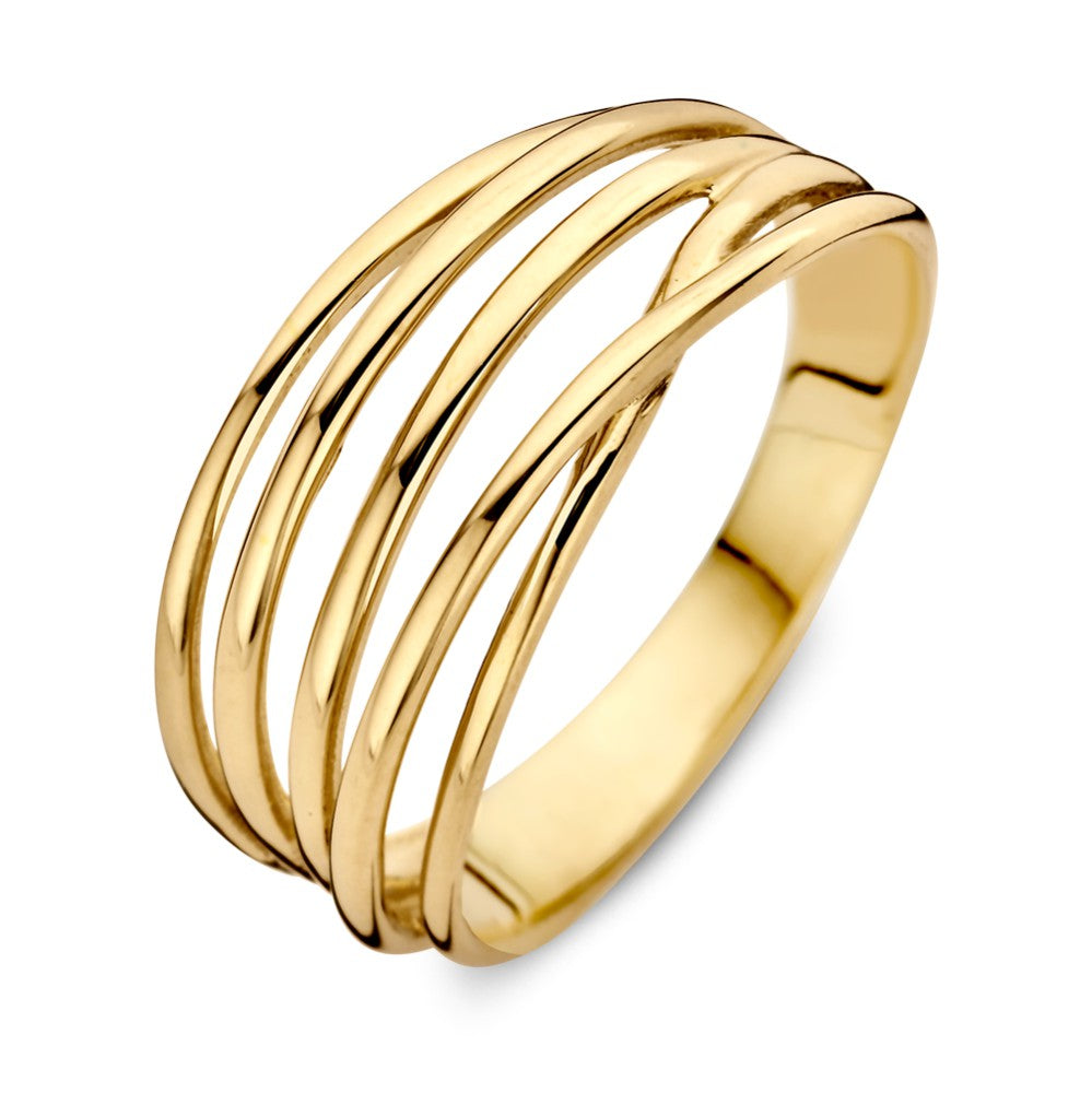 Geelgouden ring met vier overlappende banen in een speels design, 14 karaat.