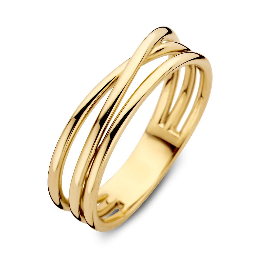 Geelgouden damesring met drie overlappende banden, 14 karaat, glanzende afwerking, 5.6 mm breed.