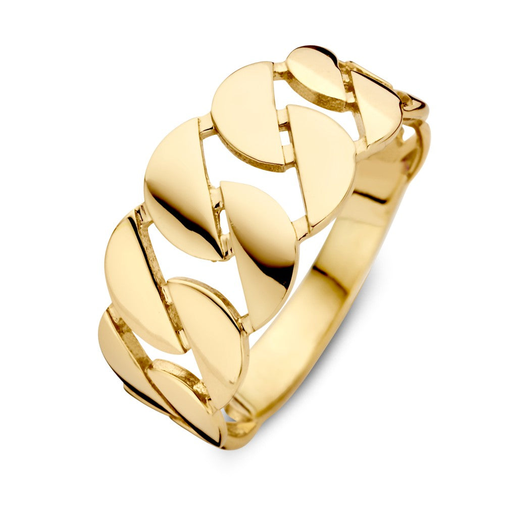Brede vlakke schakelring in 14kt geelgoud met een golvende schakelstructuur, 9.4 mm breed.