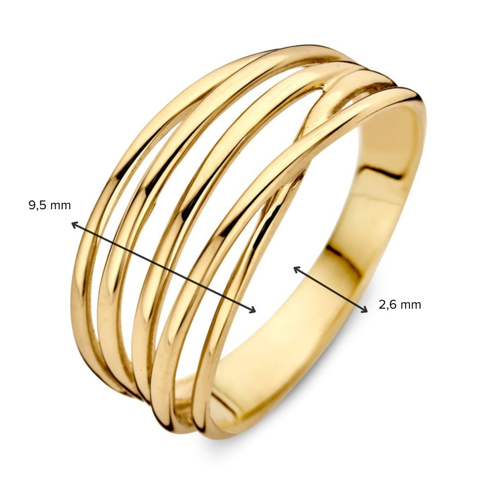 Speelse Geelgouden Ring met Banen in Overlapping Design – 14 Karaat, Dames Ring