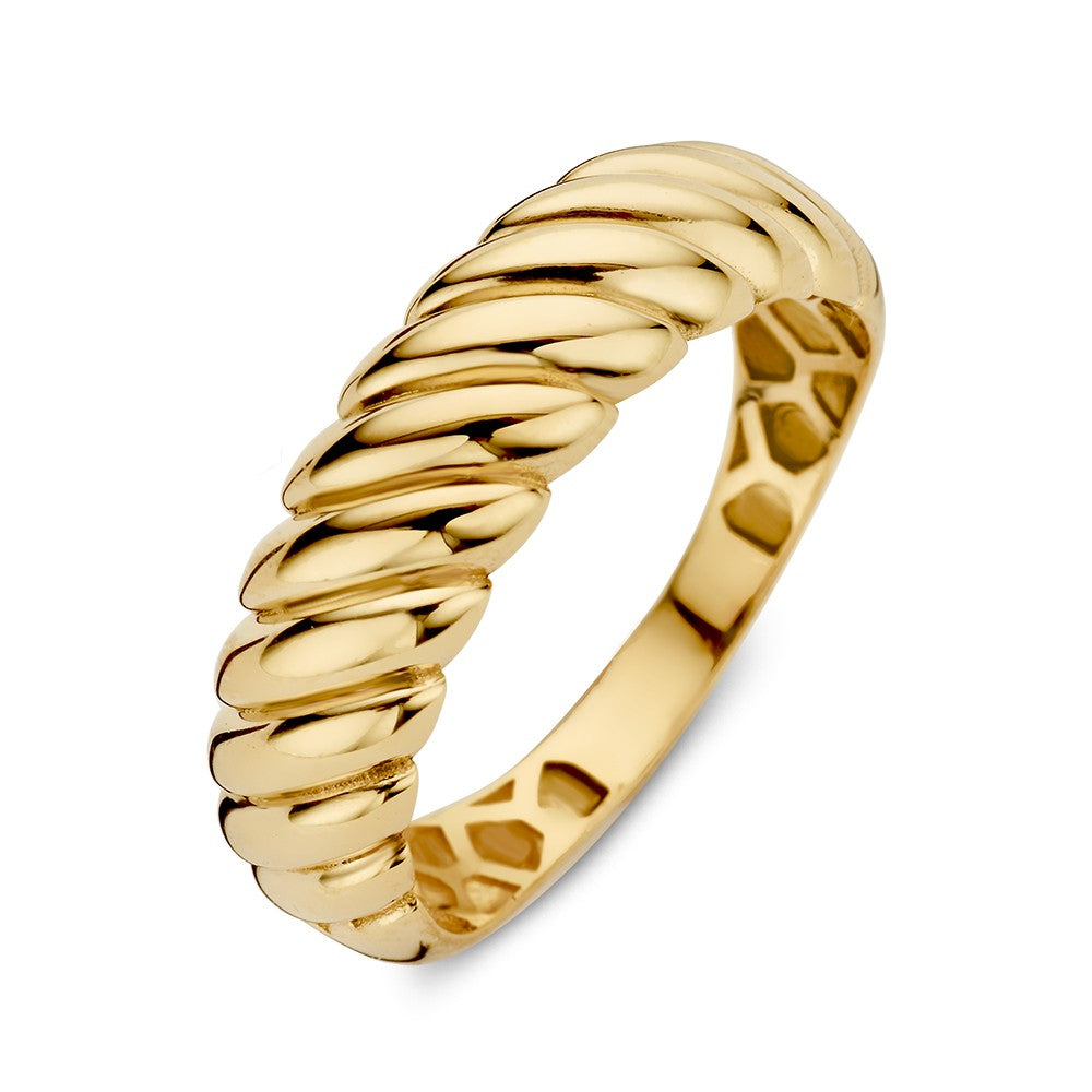 Geelgouden brede ring met gedraaide band, 14kt goud, 6 mm breed, glanzende afwerking.
