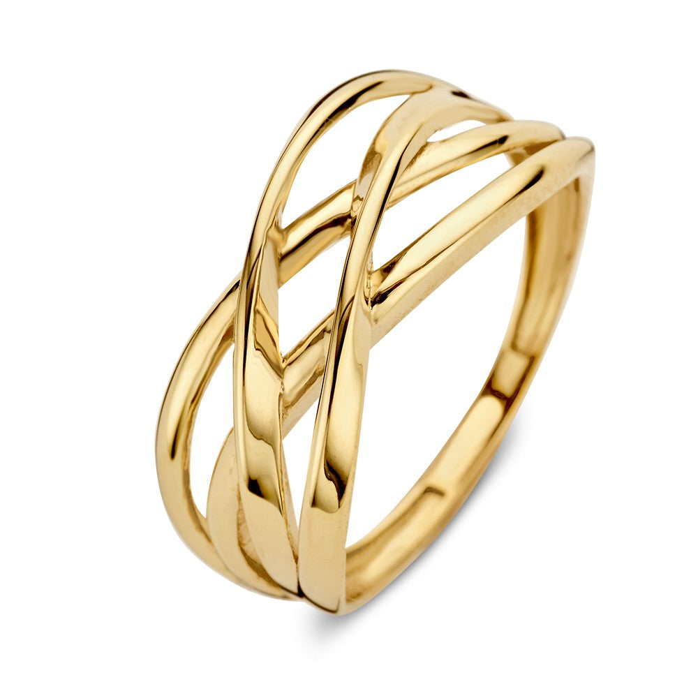 De Geelgouden Ring met Gekruiste Banen van Excellent Jewelry is vervaardigd uit 14kt goud, weegt 2,4 gram en heeft een breedte van 9 mm. Het elegante design kenmerkt zich door open, kruislings verweven banen.