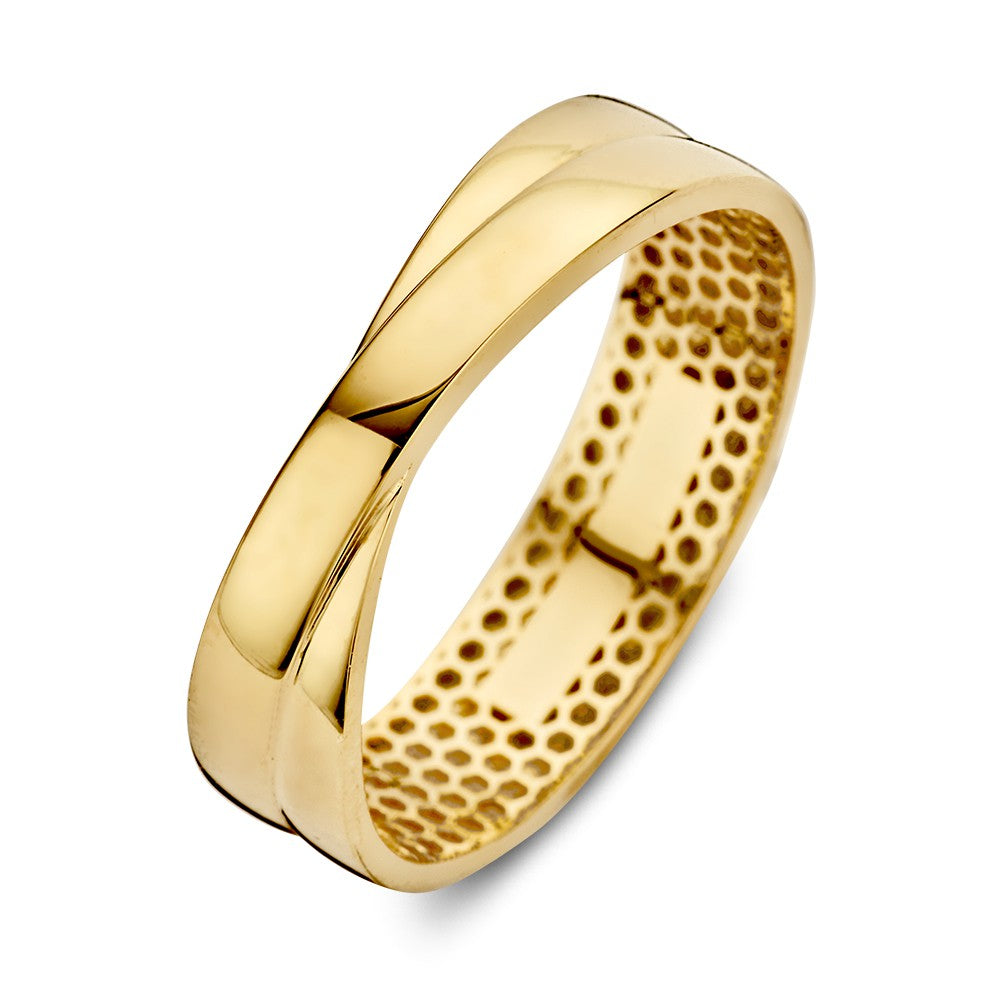 Geelgouden ring met gekruiste band, 14kt goud, 5 mm breed met een gladde afwerking.
