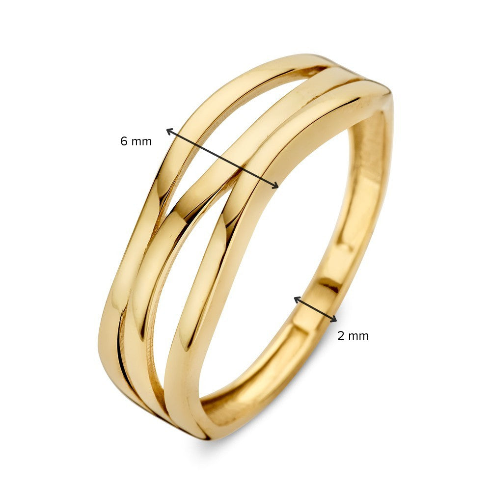 De Geelgouden Crossover Ring van Excellent Jewelry is gemaakt in 14kt goud, heeft een glanzende afwerking en een split kriskras ontwerp, met een breedte van 6 mm op het breedste punt. Gewicht: 2.1 gram.