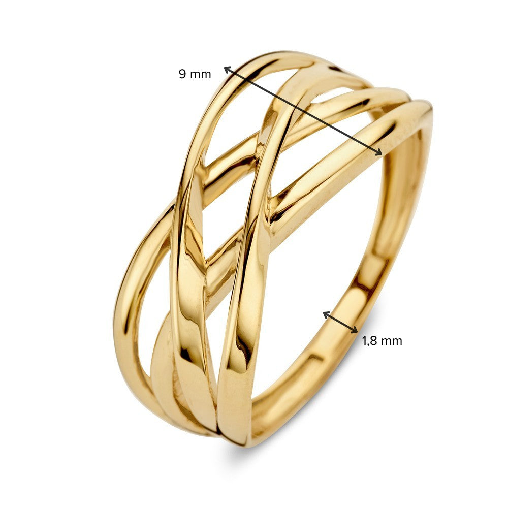 De Geelgouden Ring met Gekruiste Banen van Excellent Jewelry is gemaakt van 14kt goud, weegt 2,4 gram en heeft een breedte van 9 mm.