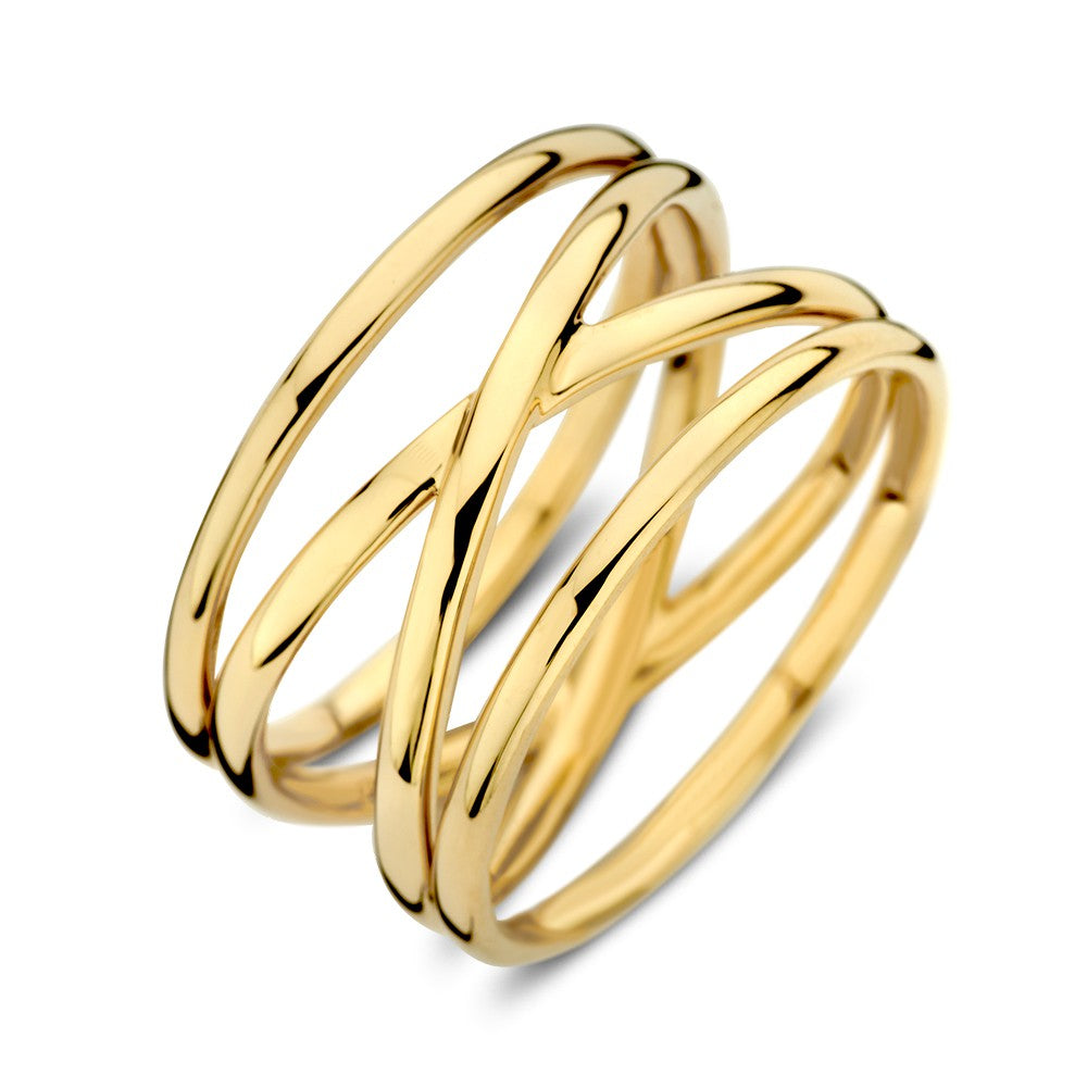 Geelgouden ring met verschillende gouden banen in een moderne, golvende vorm.