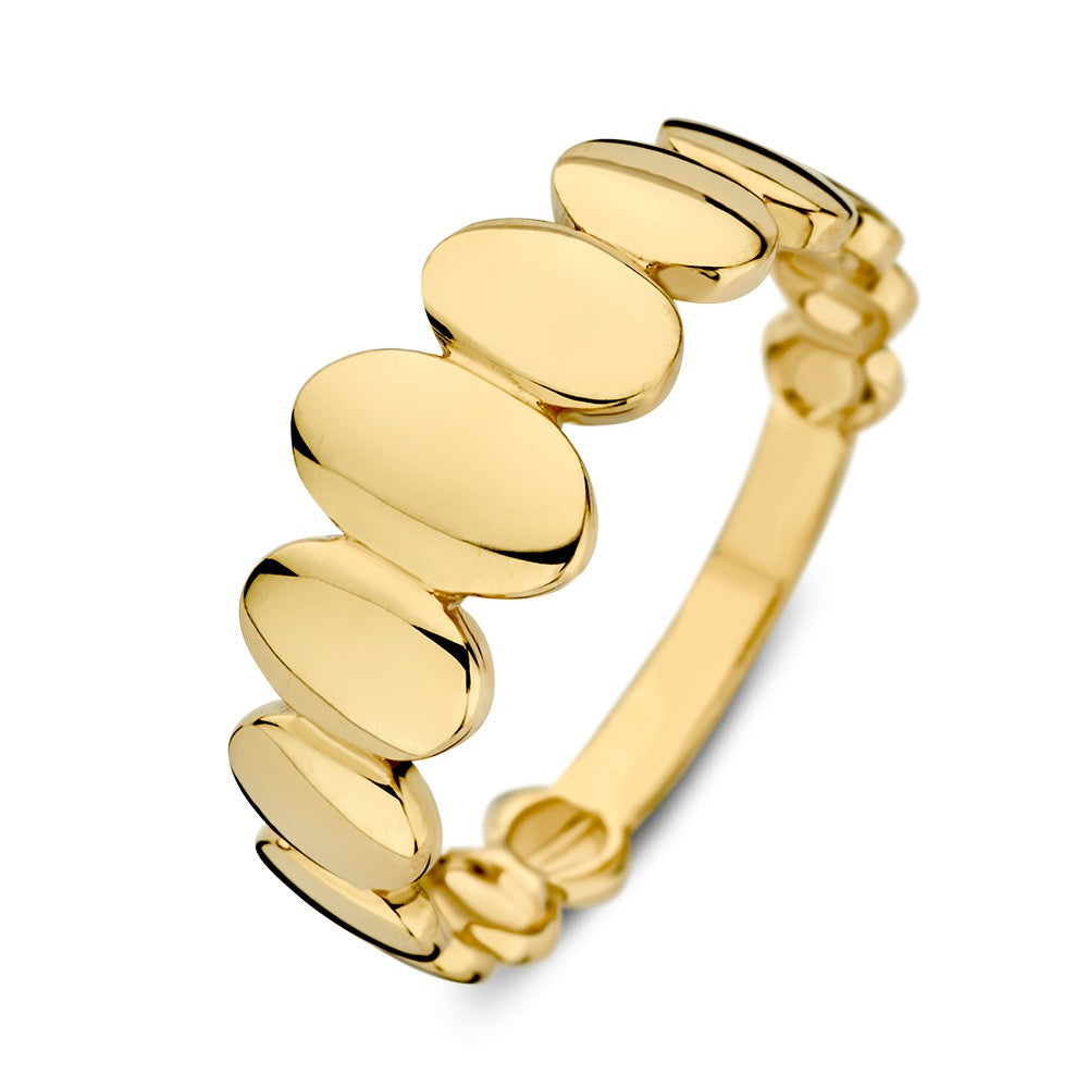 Geelgouden ring met een bijzonder design van ovale bolletjes, 14-karaat luxe voor dames.