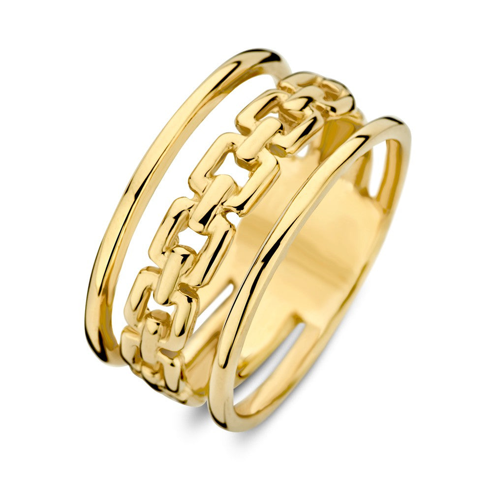 Geelgouden ring met een schakelpatroon en twee gladde, ronde banden.