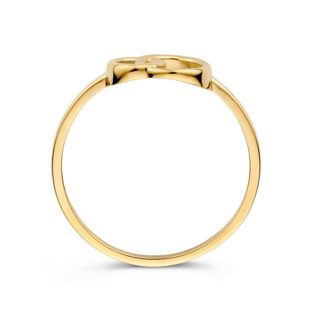 De Excellent Jewelry Geelgouden Ring met Twee Verbonden Cirkels is een 14kt gouden damesring (7,2 mm breed, 1,4 gram) met een minimalistisch open ontwerp, getoond van opzij tegen een witte achtergrond-stijlvol en tijdloos.