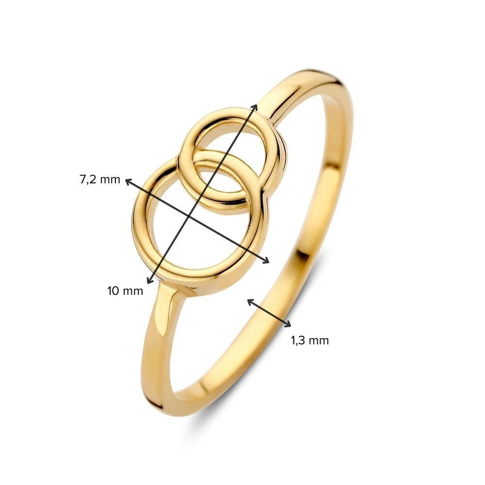 De Geelgouden Ring met Twee Verbonden Cirkels van Excellent Jewelry (14kt goud, 7,2 mm breed, 1,4 gram) wordt getoond op een witte achtergrond met maataanduidingen.