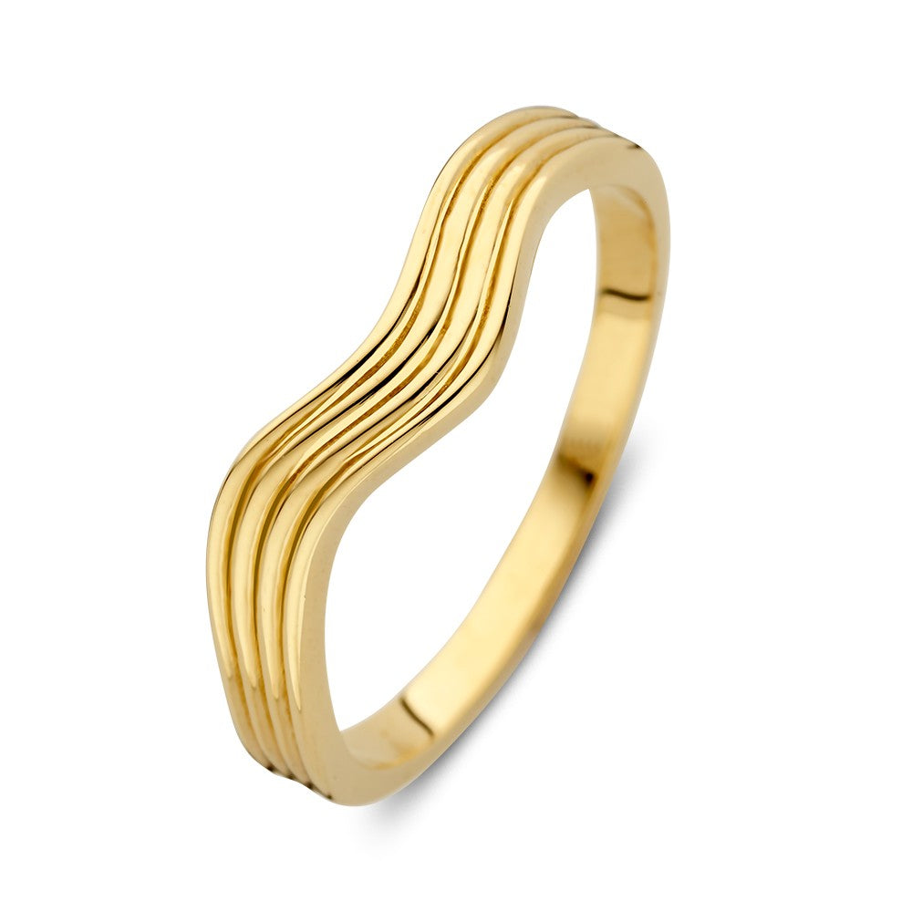 Gouden ring met golvende band, 14kt geelgoud, 5.5 mm breed, met meerdere golven in het ontwerp.