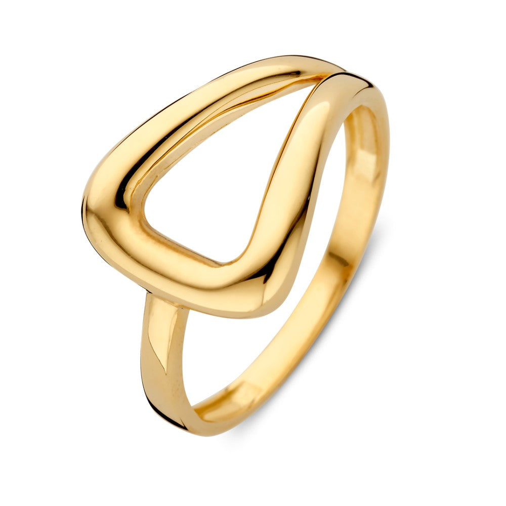 Geelgouden ring met asymmetrisch design, 14kt goud, 12 mm breed, glanzende afwerking.