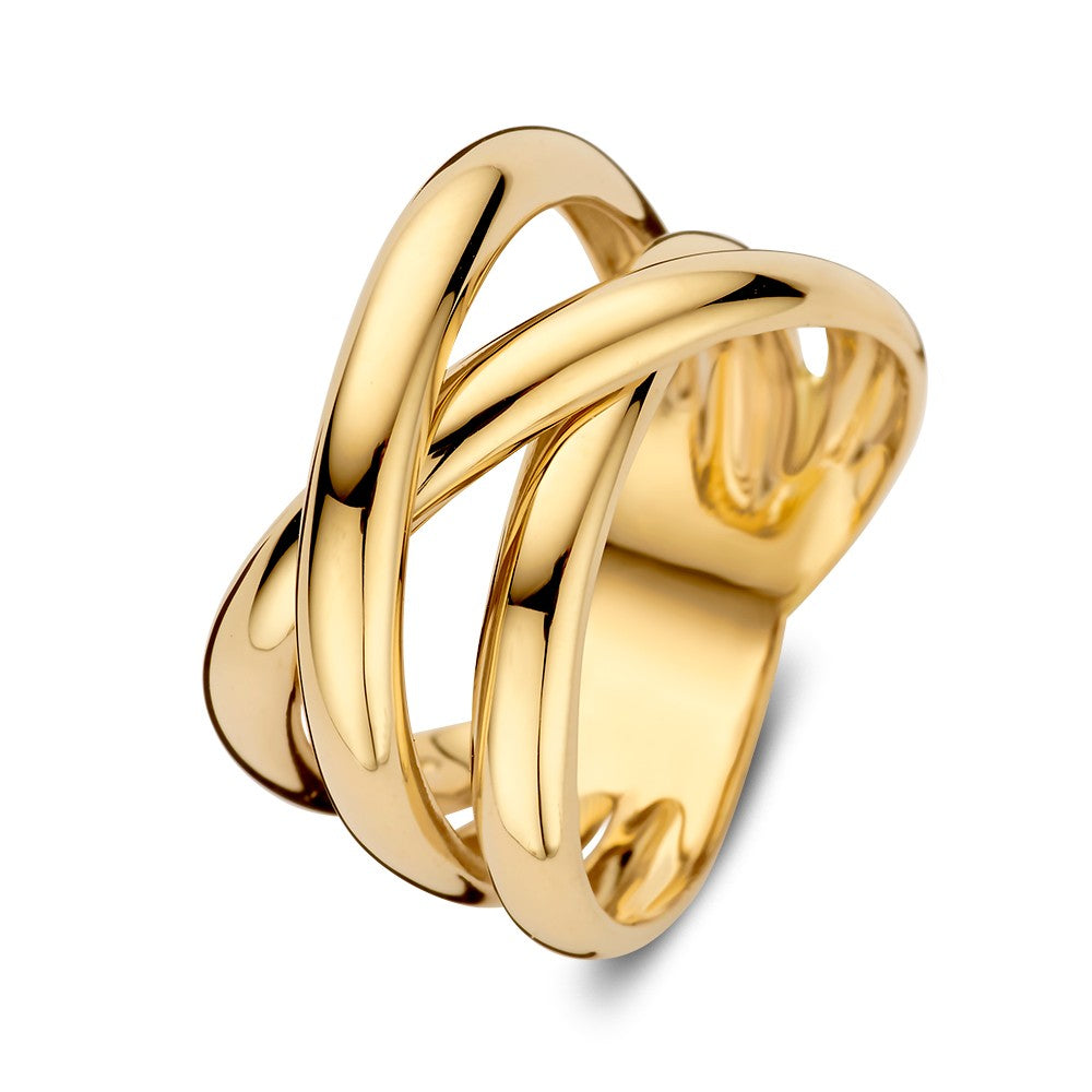 Geelgouden cross-over ring van 14 karaat met een gladde afwerking en een groot, opvallend ontwerp.