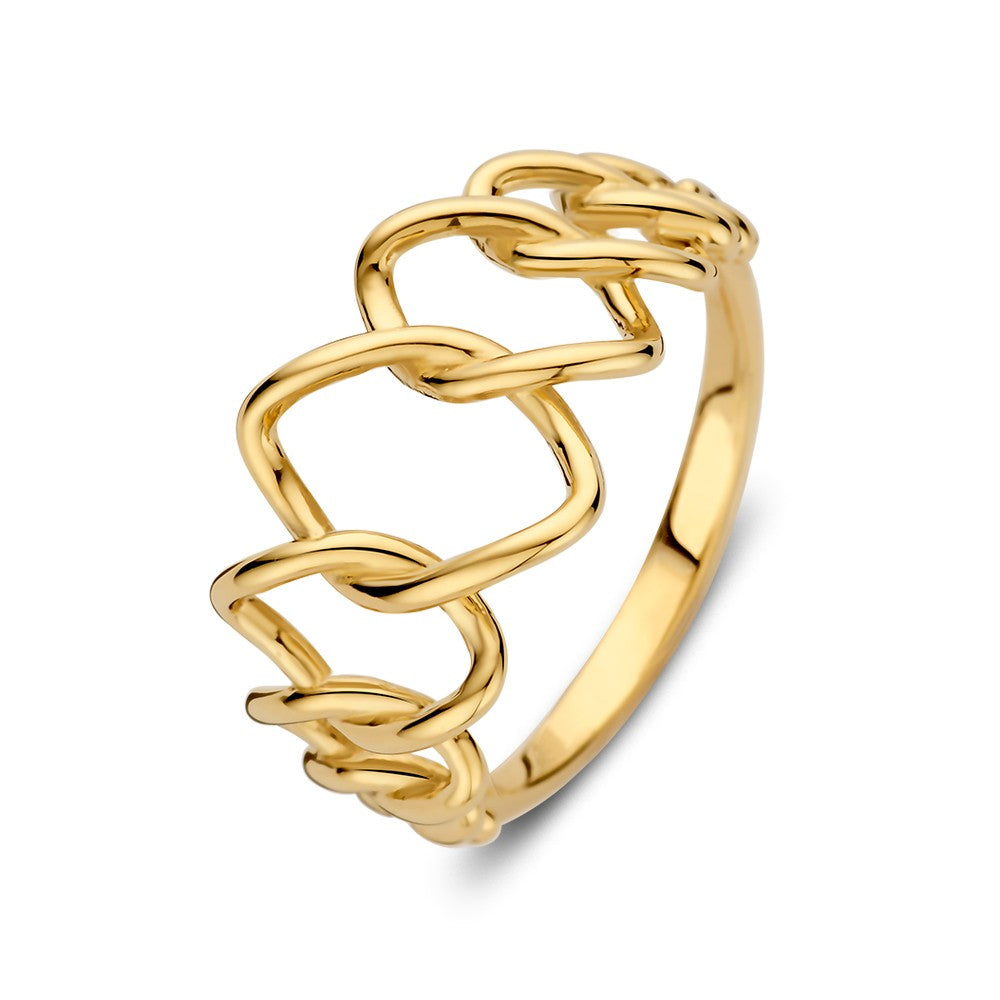 Geelgouden ring met open design, 14kt, 12 mm breed, met een speelse, gevlochten structuur.