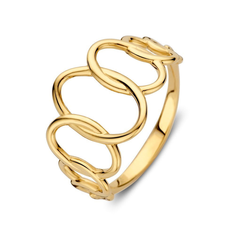 Speelse geelgouden ring met open design, 14 mm breed, gemaakt van 14kt geelgoud met een glanzende afwerking.