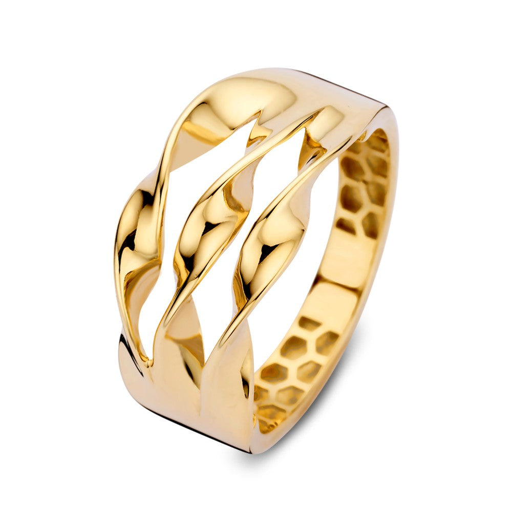 Brede geelgouden ring met drie golvende banen en een glanzende afwerking.