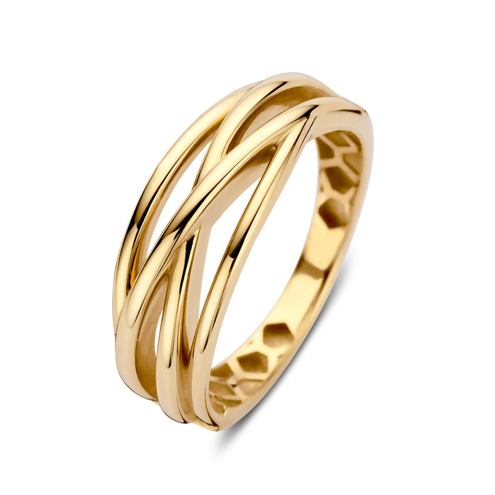 Gouden crossover ring met vier banen in een speelse, moderne stijl en een glanzende afwerking.