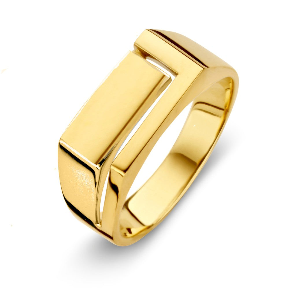 Geelgouden herenring met een modern, speels design en strakke lijnen.
