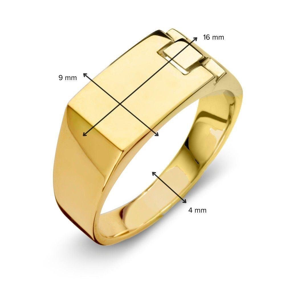 De Robuuste Geelgouden Herenring van Excellent Jewelry is een stijlvolle 14 karaat ring met een platte, rechthoekige top (16 x 9 mm) en 4 mm bandbreedte. Getoond op een witte achtergrond met maataanduidingen.