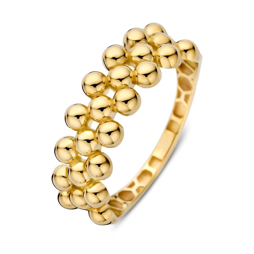 Geelgouden ring met een speelse rij van bolvormige elementen.