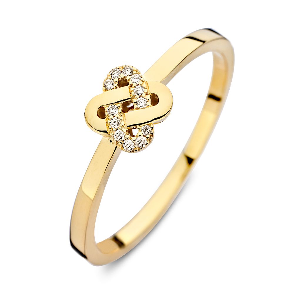 Geelgouden ring met knoopdesign, versierd met diamanten van 0.04 crt. en een glanzende afwerking.