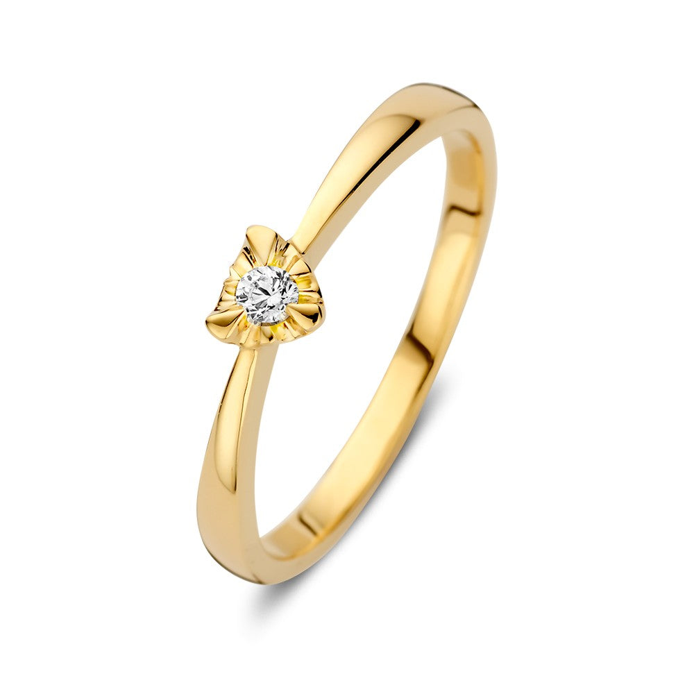 Geelgouden solitair ring met hartvormige zetting en briljant diamant van 0,05 crt.