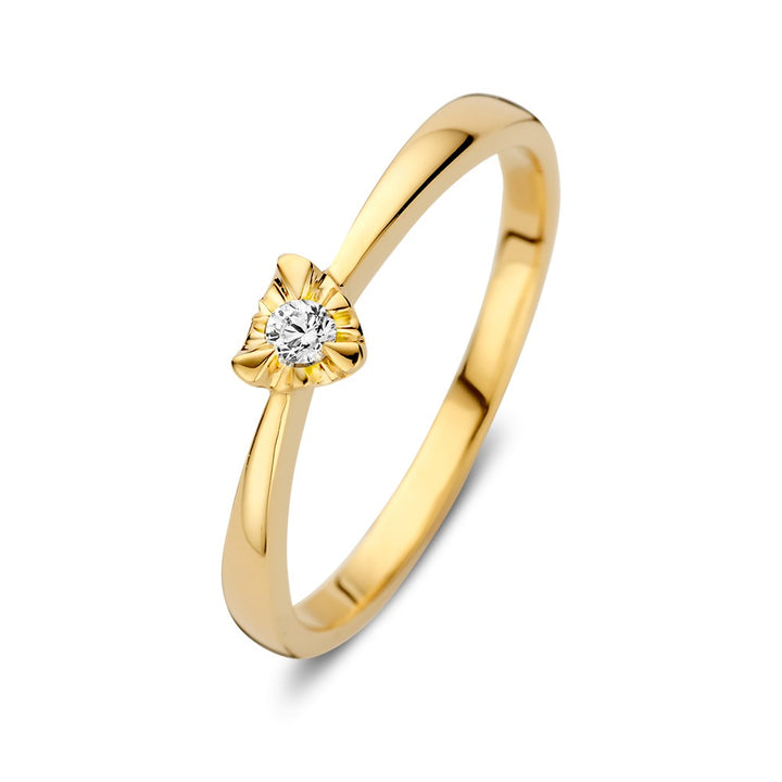 Geelgouden Solitair Ring met Hartvormige Zetting en Briljant Diamant 0.05 crt.