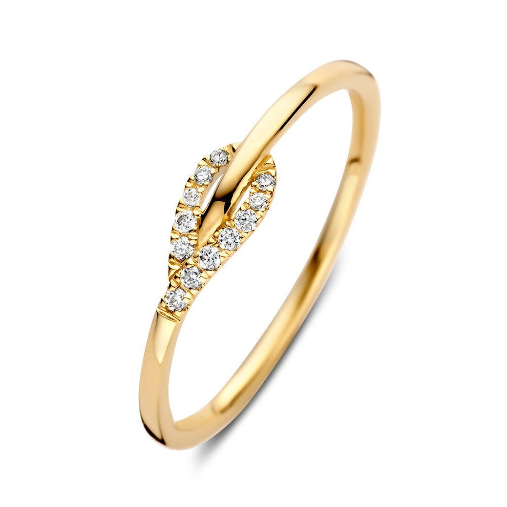 Geelgouden ring met een golvende vorm en briljant geslepen steentjes, totaal 0.06 crt.