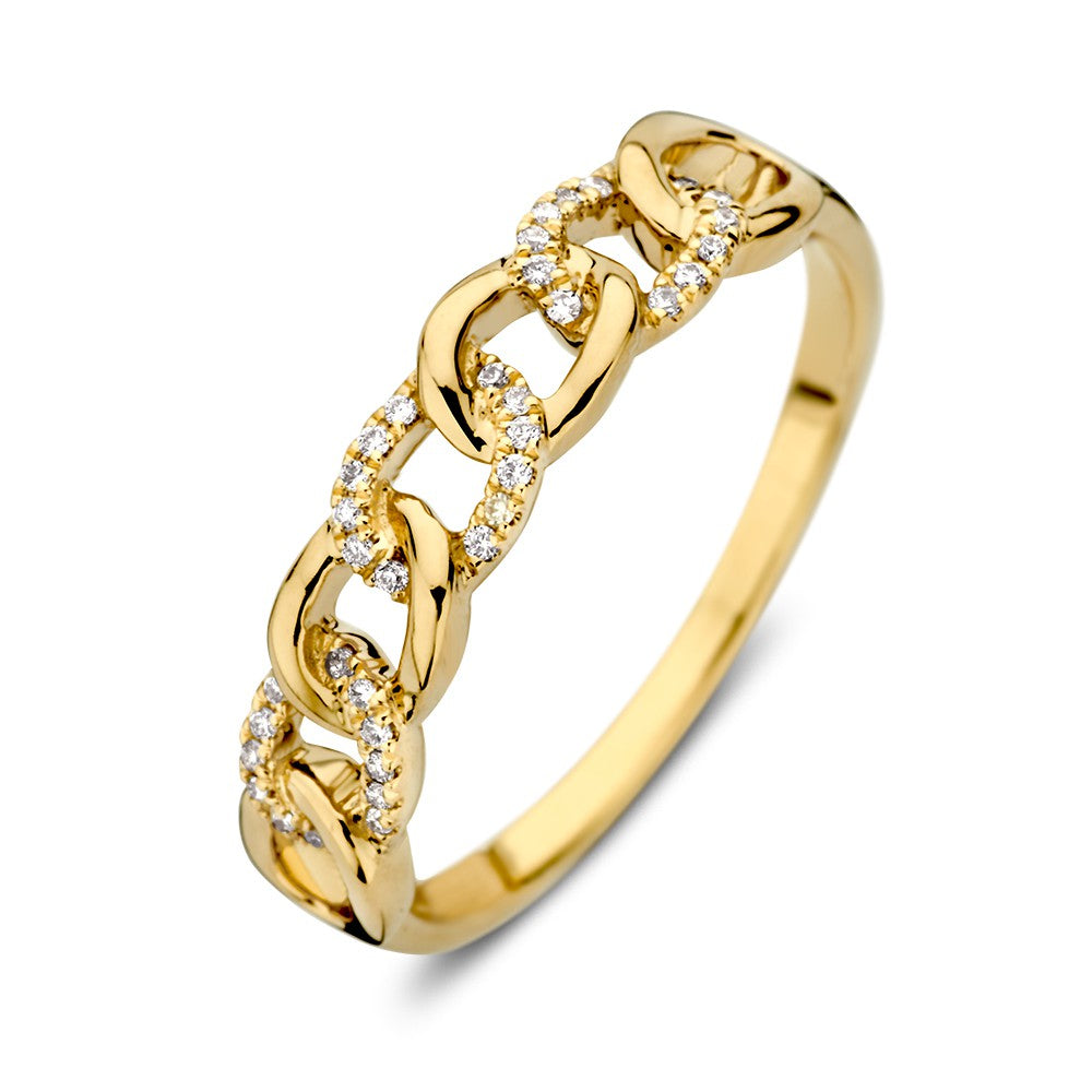Geelgouden schakelring met diamanten, 14-karaat, met een glanzende afwerking en een kettingontwerp.