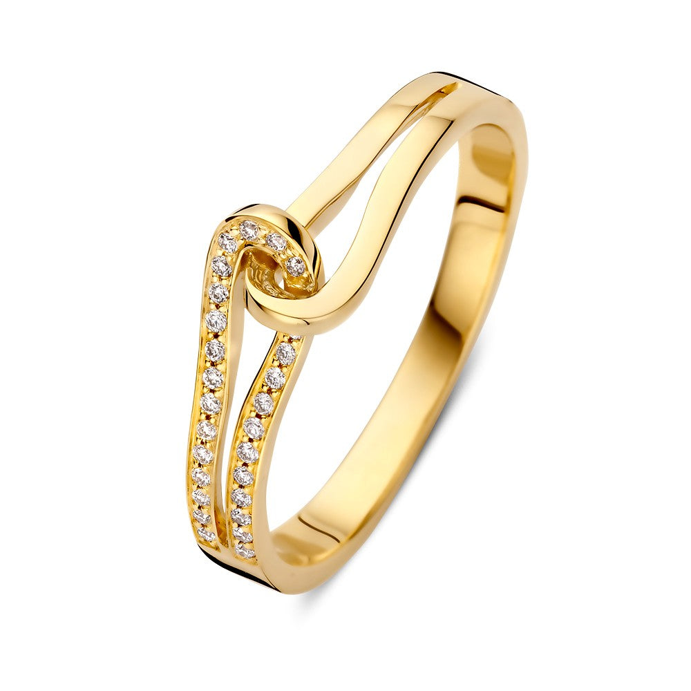 Geelgouden ring met een elegante knoopvorm en subtiele diamanten van 0.08 crt.