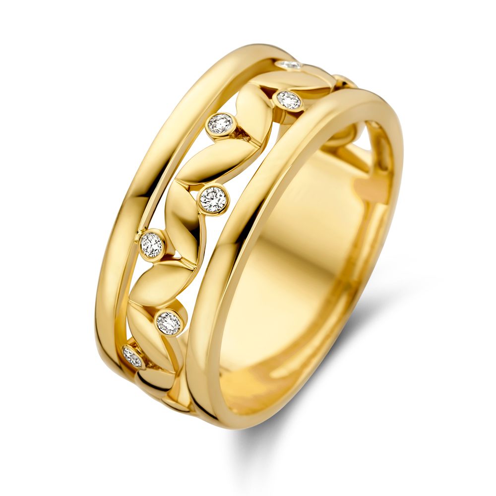Geelgouden ring met bladontwerp, versierd met kleine diamanten van 0.09 crt.