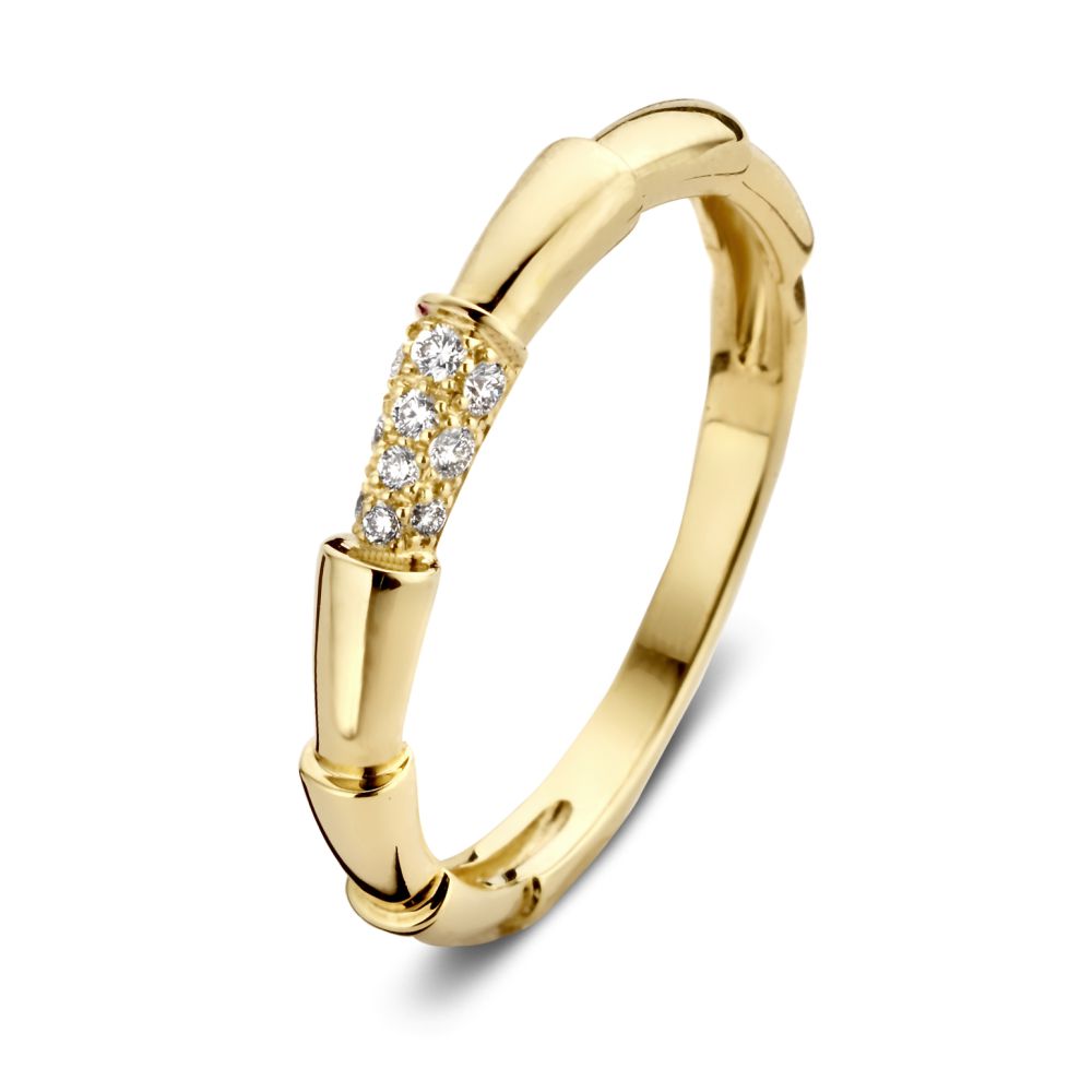 Geelgouden ring met bamboo design, versierd met vijf kleine diamanten van 0.09 crt.